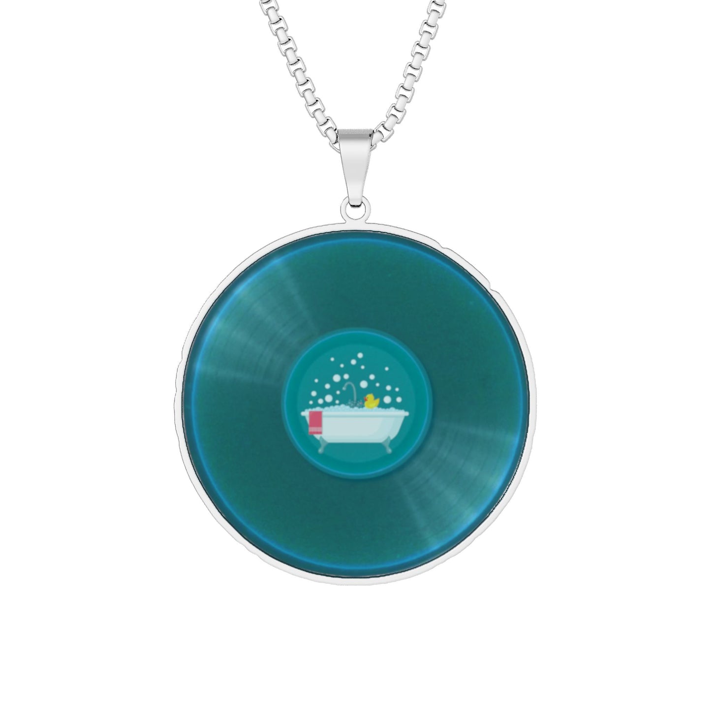 Lump's Heady Donut Necklace - 1" x 1" Stainless Steel Pendant - "Bath Time Fun Donut" - vivid teal record donut