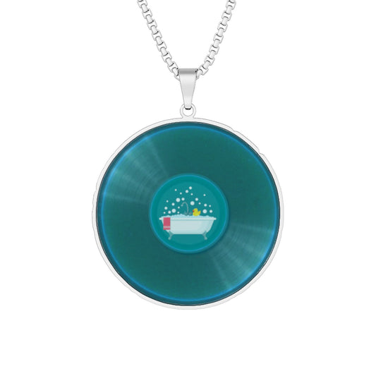 Lump's Heady Donut Necklace - 1" x 1" Stainless Steel Pendant - "Bath Time Fun Donut" - vivid teal record donut