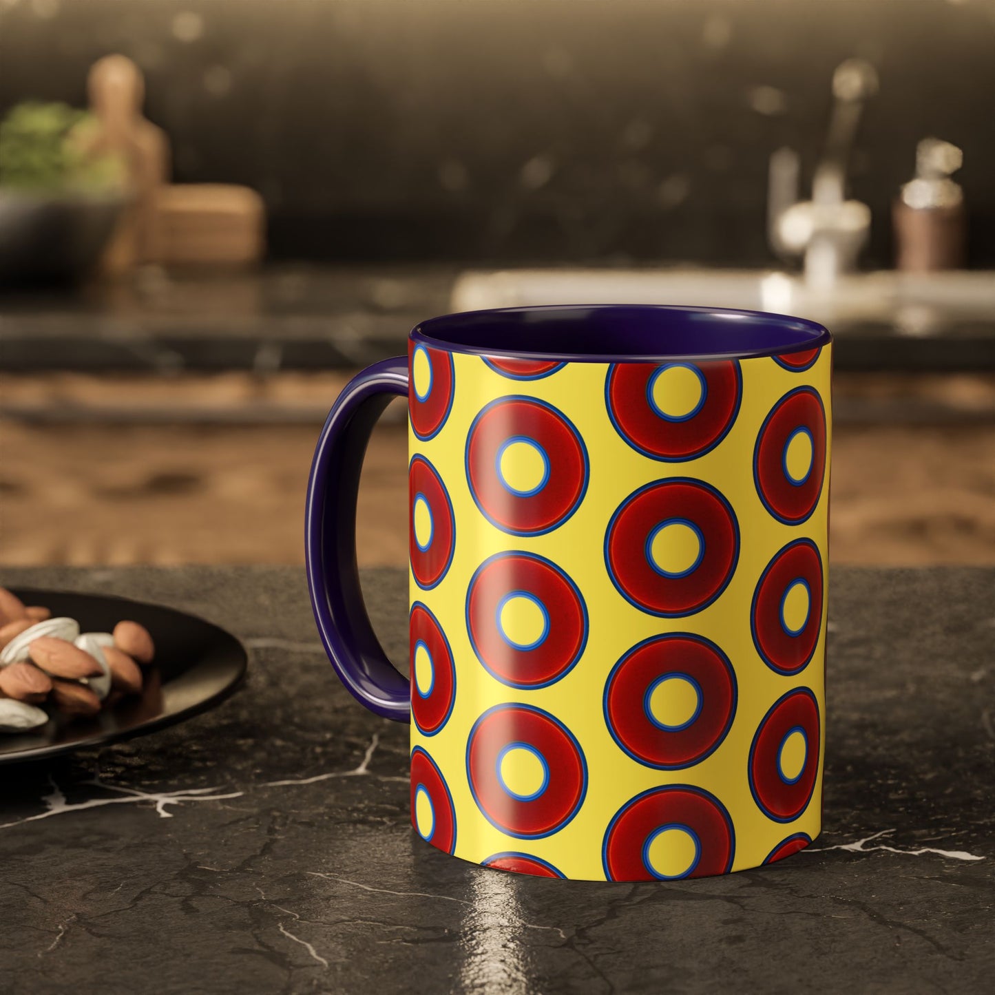 Lump's Grumpy Coffee Mug - vivid red donuts w/yellow background