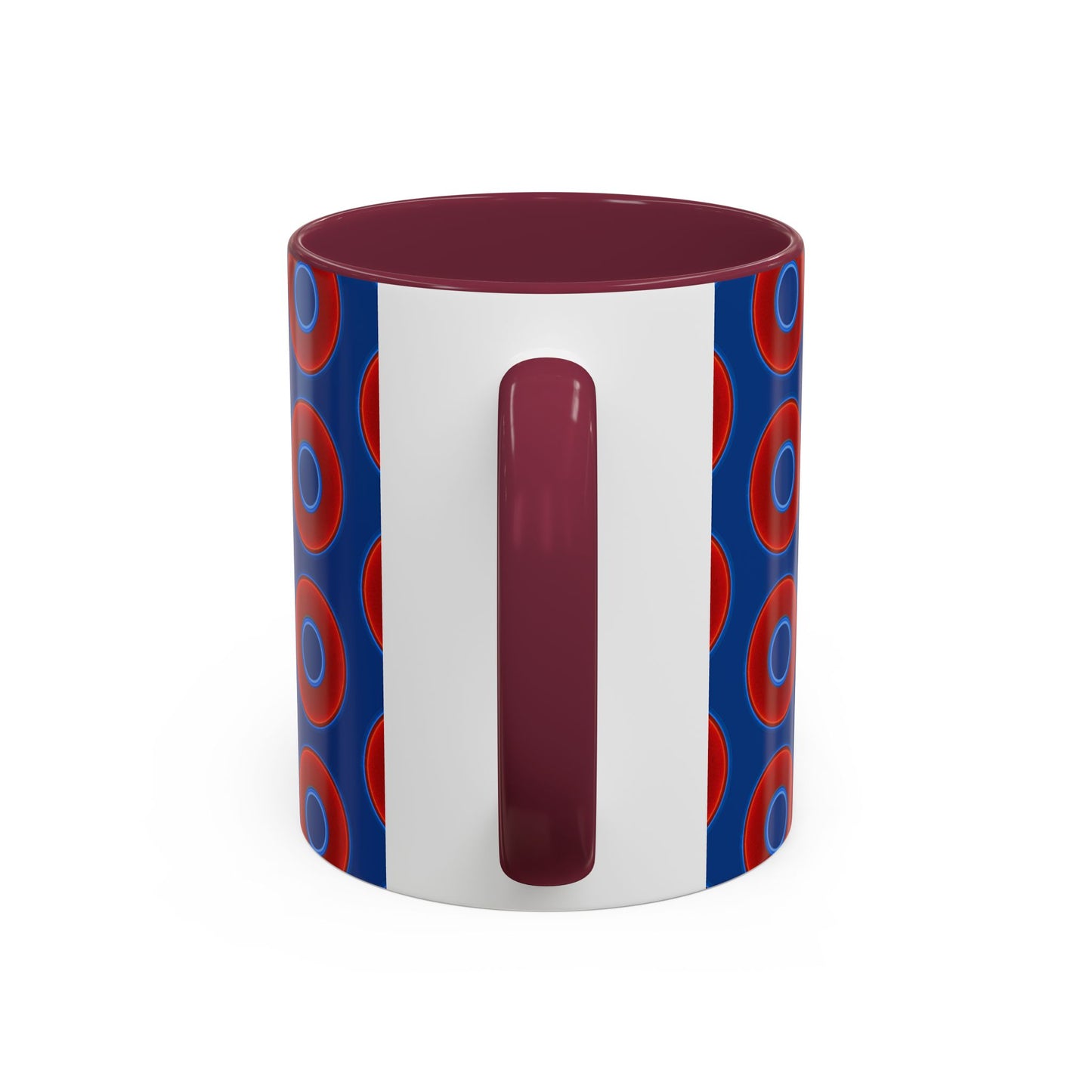 Lump's Grumpy Coffee Mug - vivid red donuts w/dark blue background