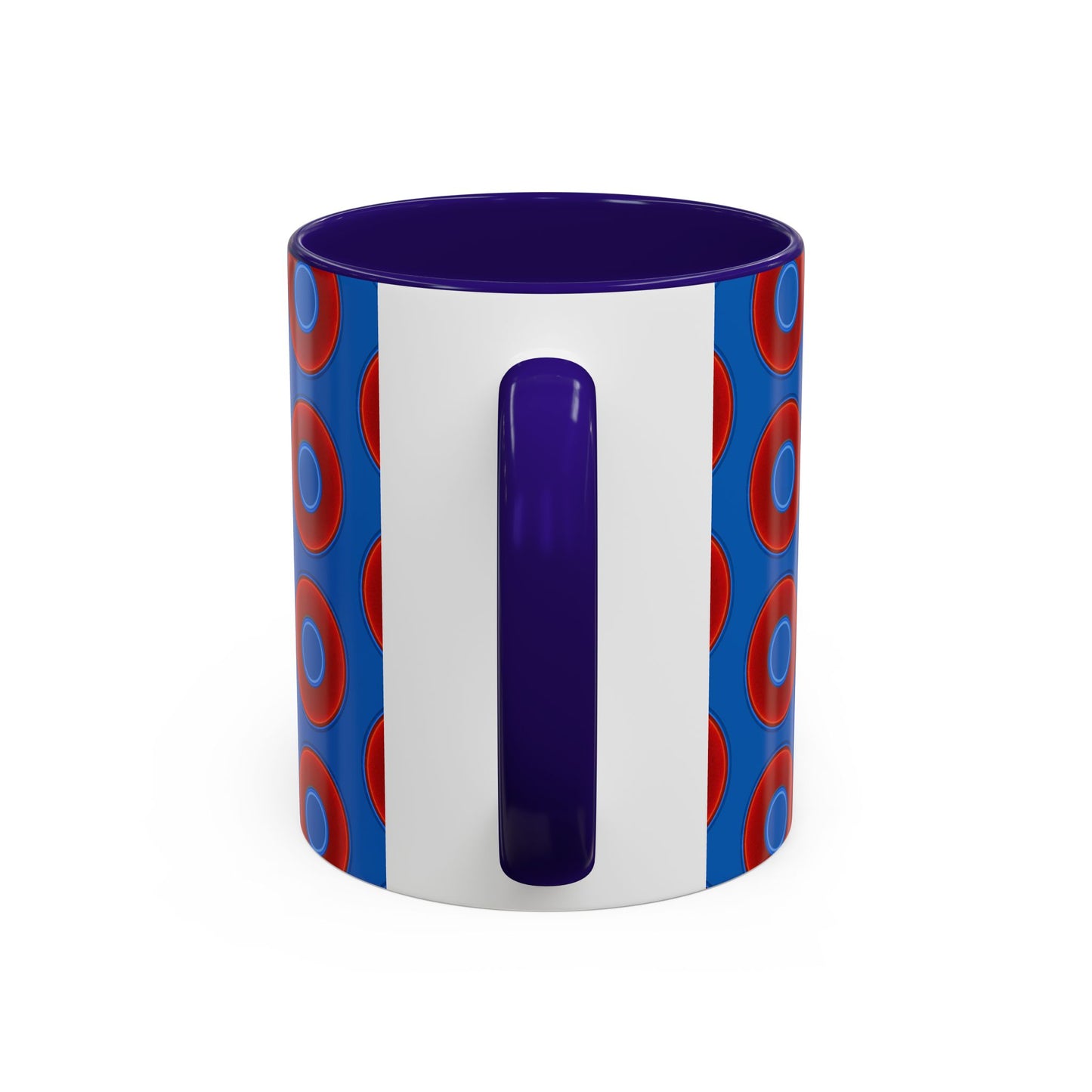 Lump's Grumpy Coffee Mug - vivid red donuts w/dark royal blue background