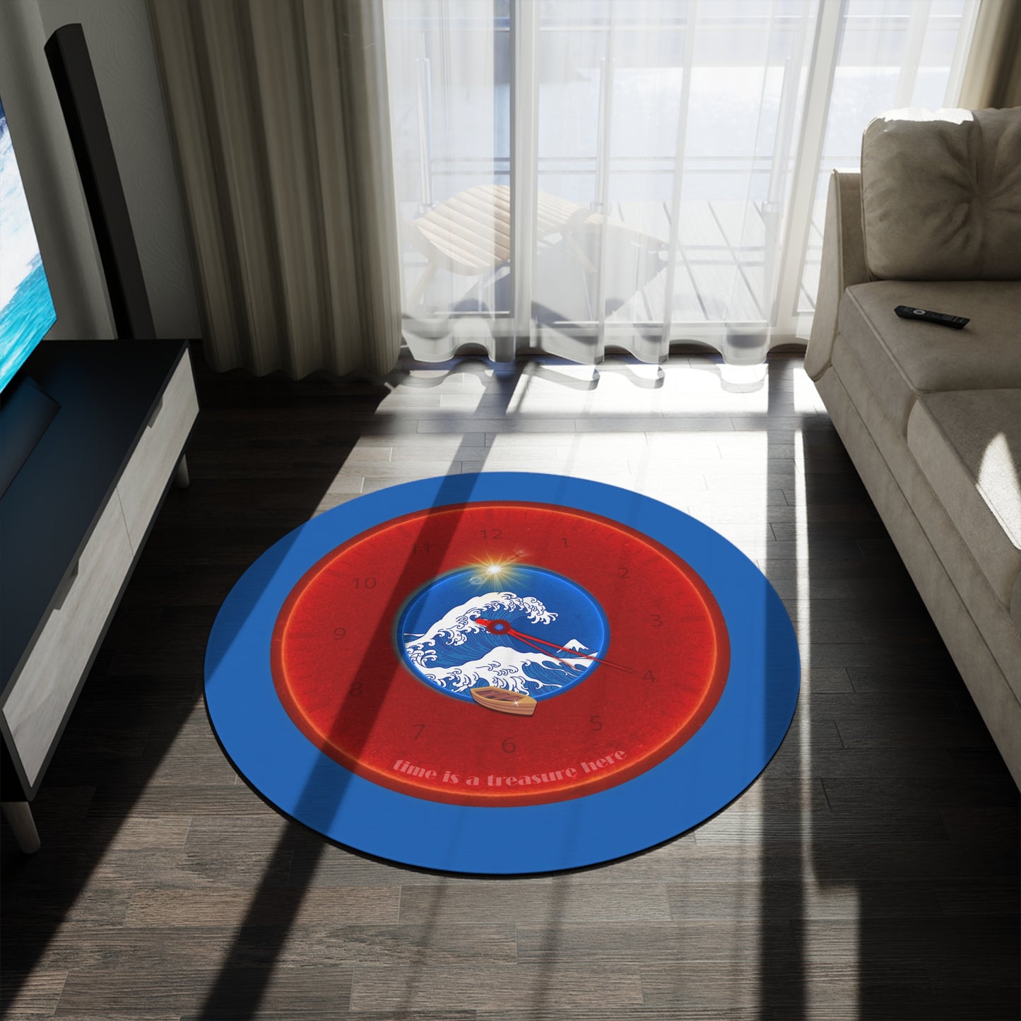 Round Room - 5 ft x 5 ft Lumpy Donut Rug - "The Donut Rug so Wide" - vivid red donut w/dark royal blue background - variant 1