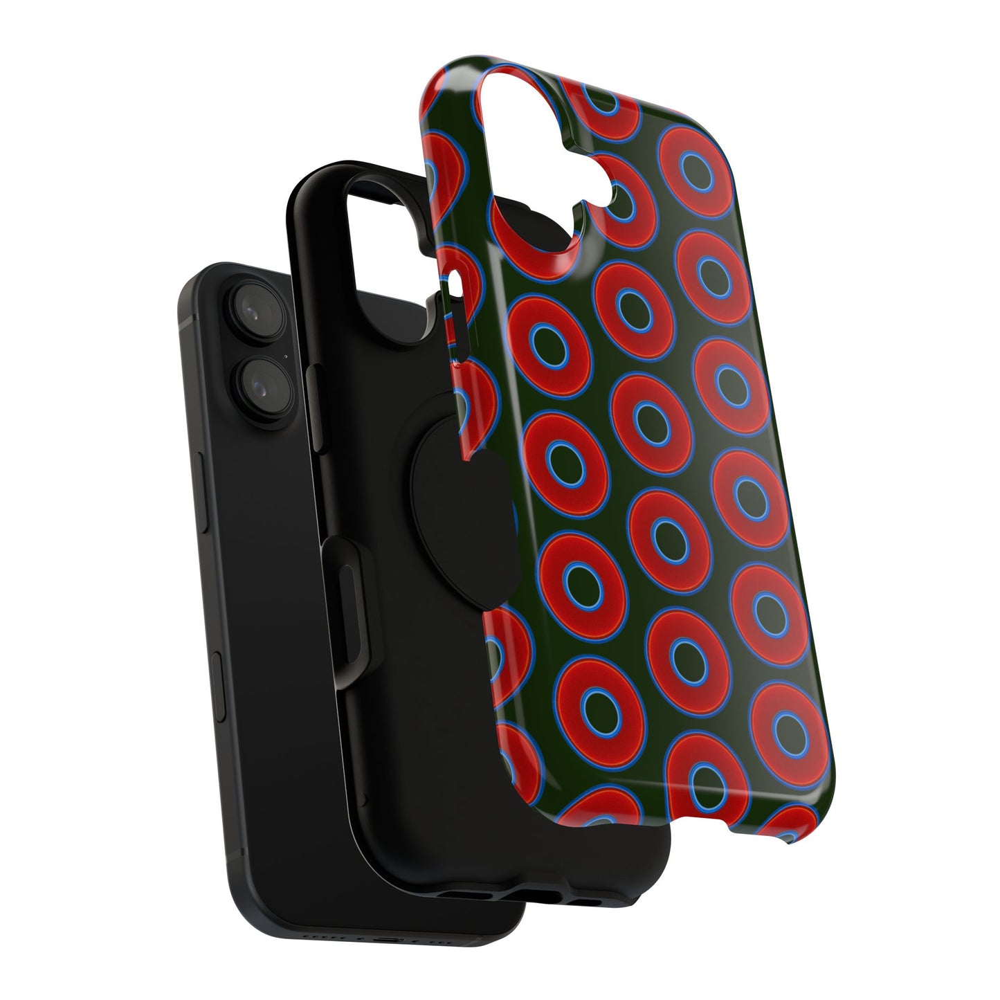Impact-Resistant Lumpy Donut Case - red vivid donut print w/deep forest green background