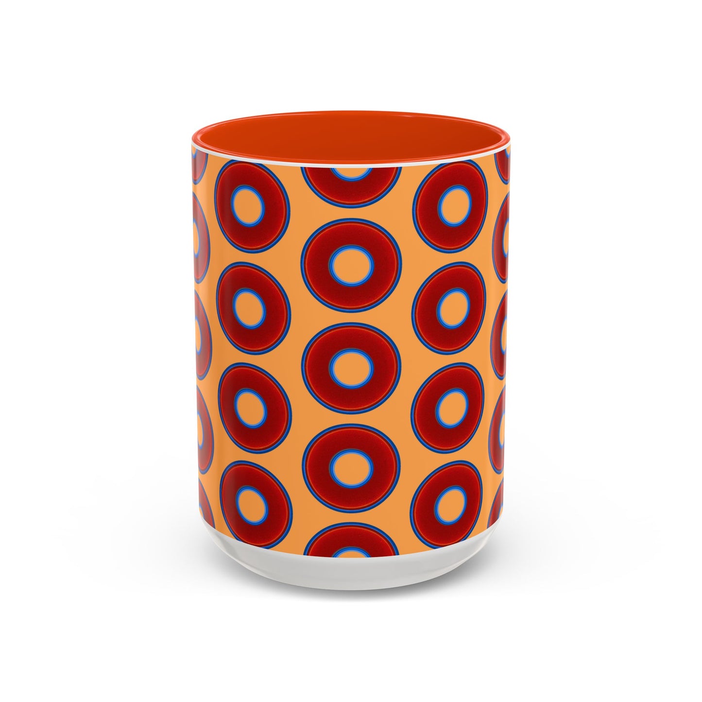 Lump's Grumpy Coffee Mug - vivid red donuts w/creamsicle orange background