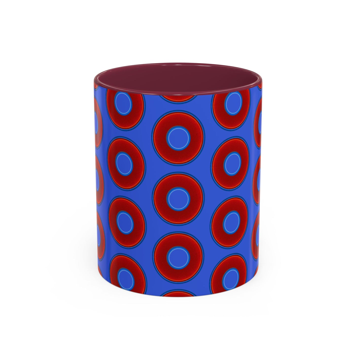 Lump's Grumpy Coffee Mug - vivid red donuts w/royal blue background