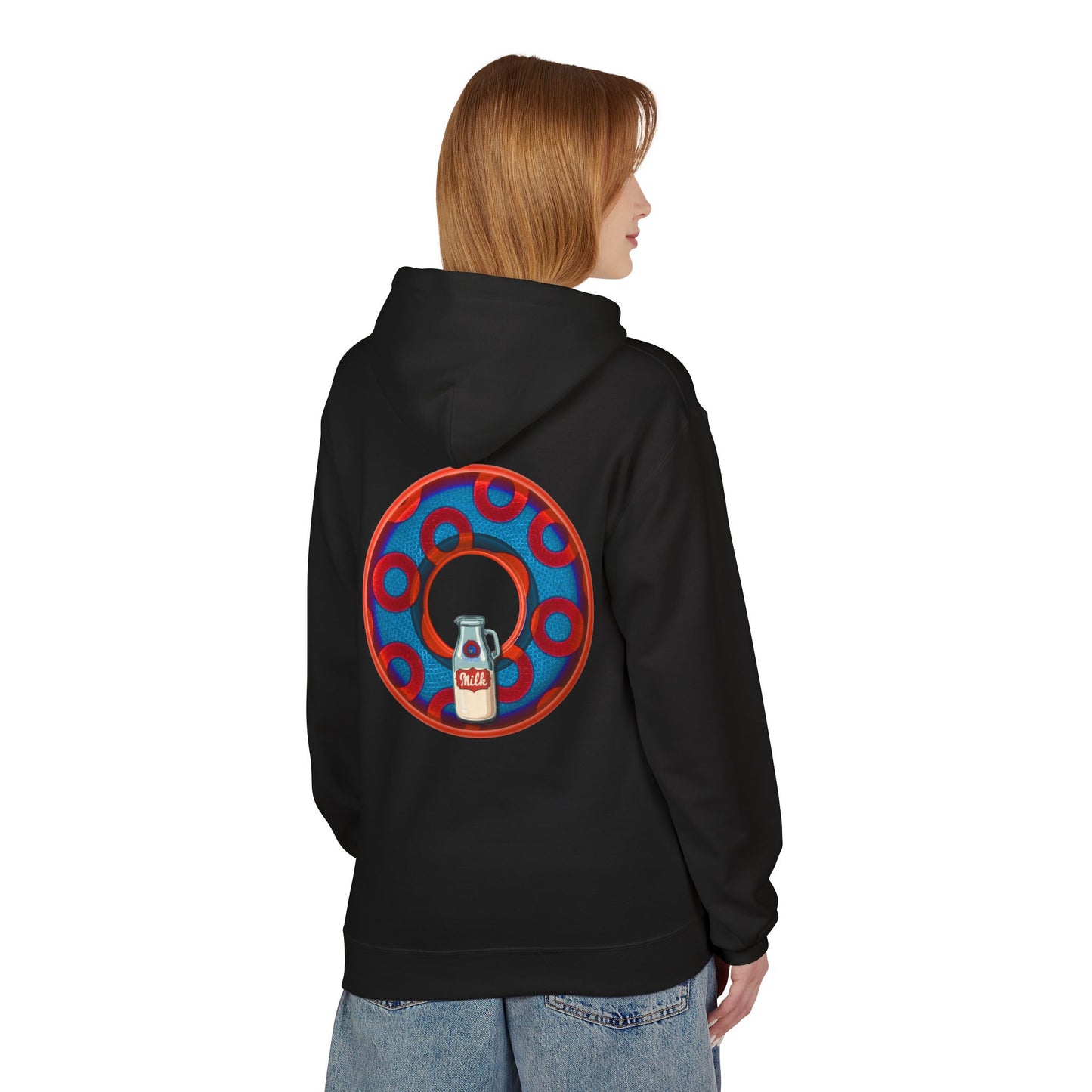 Fleece Harry Hoodies [Midweight Soft-style] - "Wooked Cream Dairy - YEMSG Donut" - blue/red rustic paradox donut - variant 1