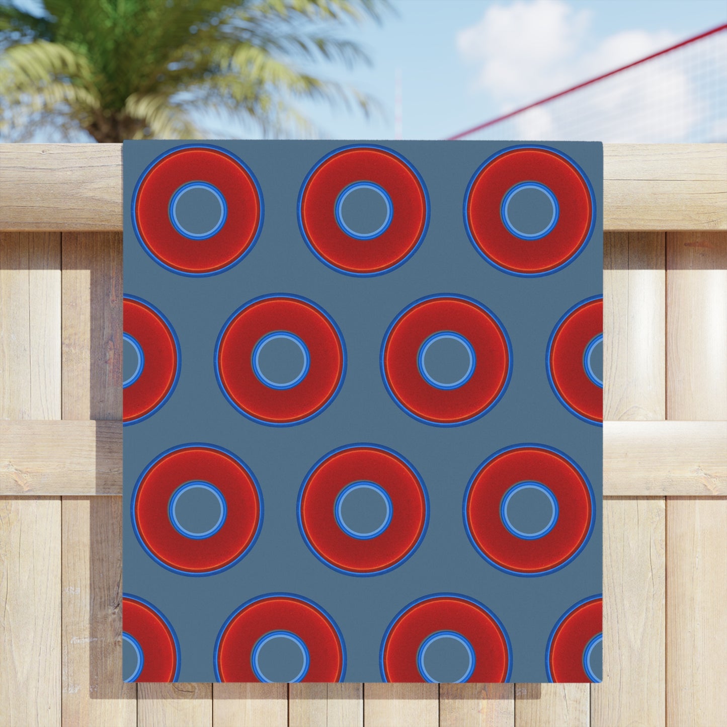 Lumpy Donut Towels - vivid red donuts w/steel blue background