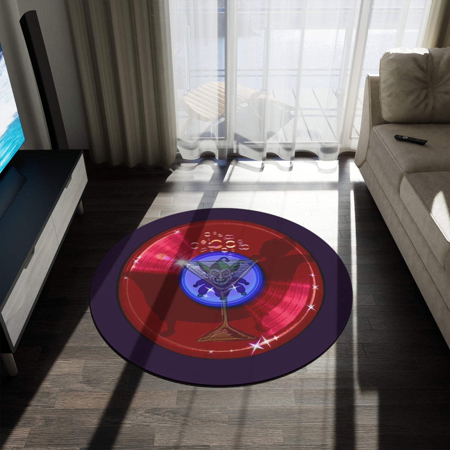 Round Room - 5 ft x 5 ft Lumpy Donut Rug - "Joker's Personal Donut Rug - Personal Stash Edition" - vivid dark teal record donut w/midnight purple background - variant 3