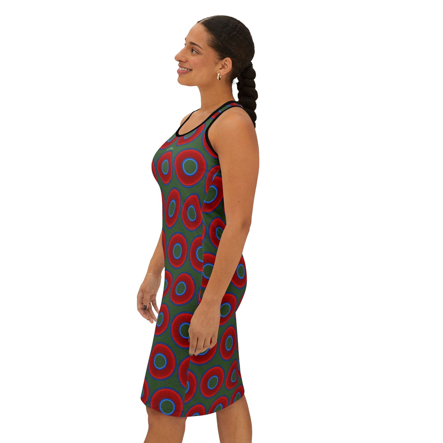 Tela's Lumpy Racerback Donut Dress - red vivid donut print w/dark green background