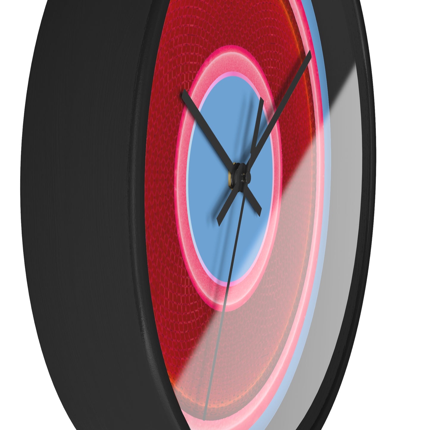 Lumpy Wall Clock - red rustic donut w/pink edging - variant 5 w/light blue background