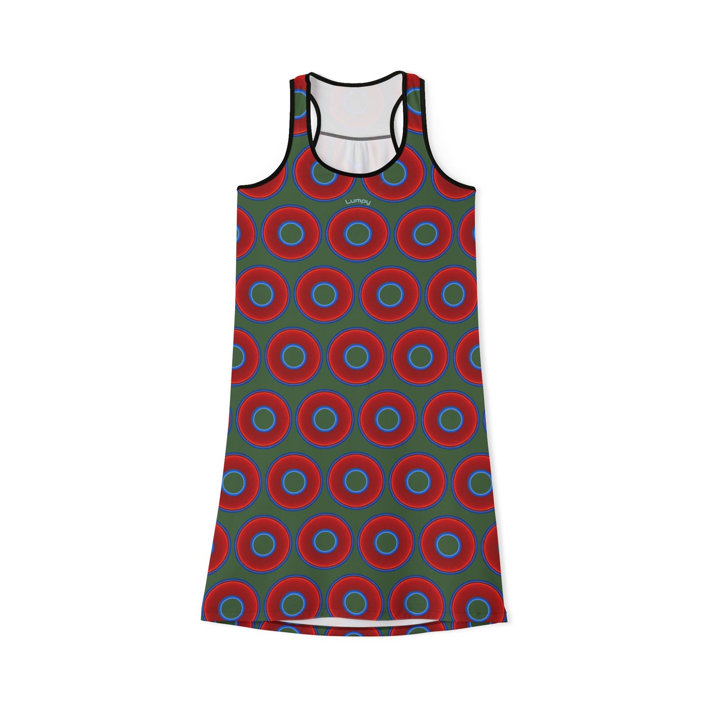 Tela's Lumpy Racerback Donut Dress - red vivid donut print w/dark green background