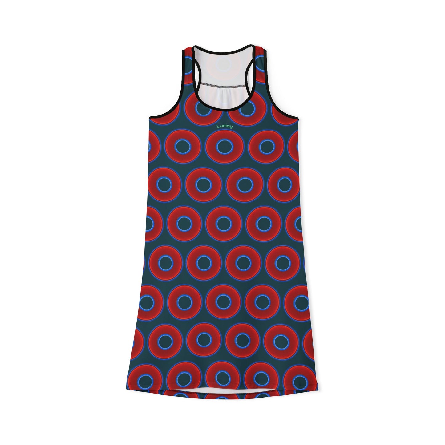 Tela's Lumpy Racerback Donut Dress - red vivid donut print w/midnight teel green background