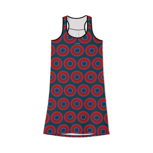 Tela's Lumpy Racerback Donut Dress - red vivid donut print w/midnight teel green background