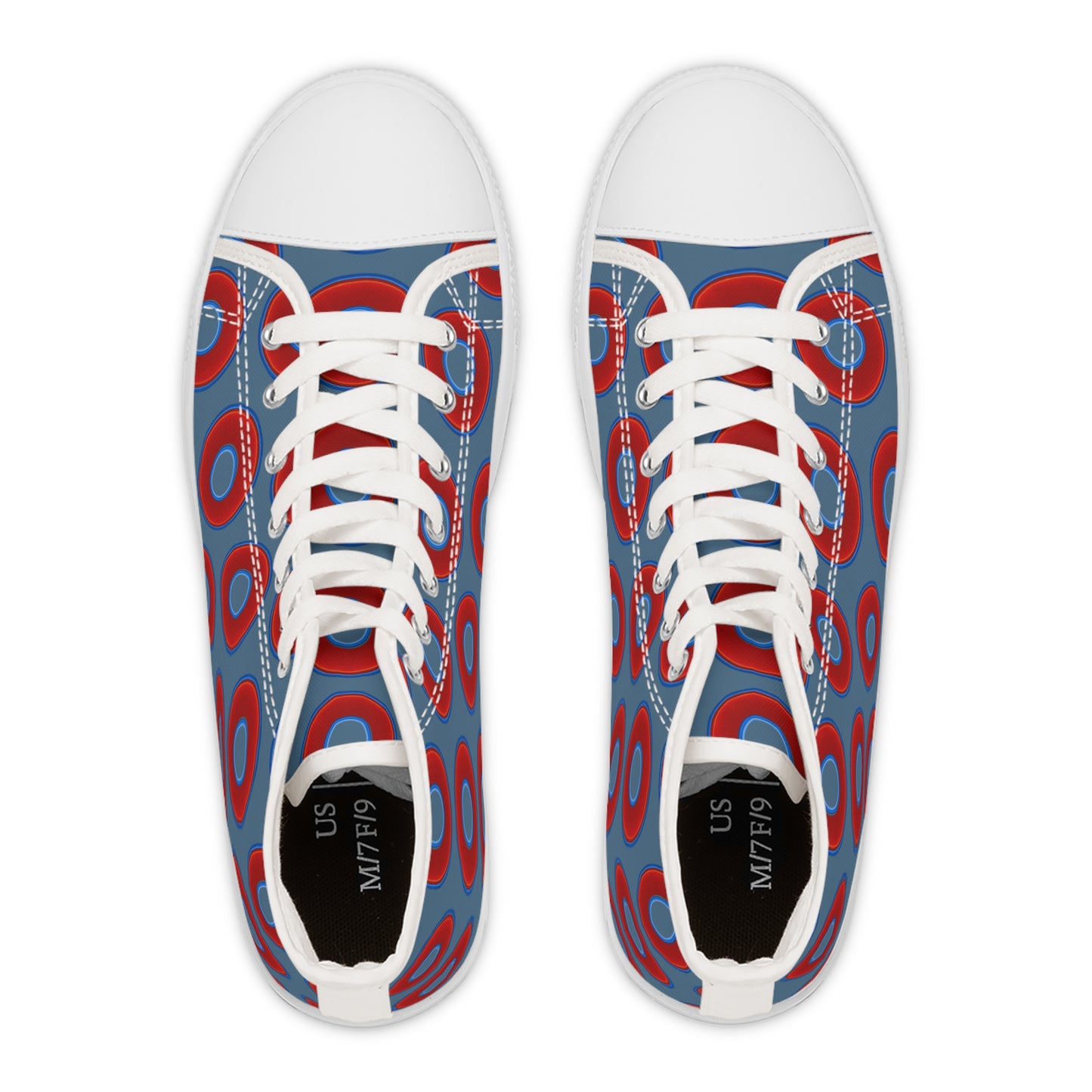 Women's High Top Chuck Taylors - large vivid red donut print w/steel blue background