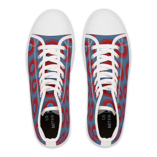 Women's High Top Chuck Taylors - large vivid red donut print w/steel blue background