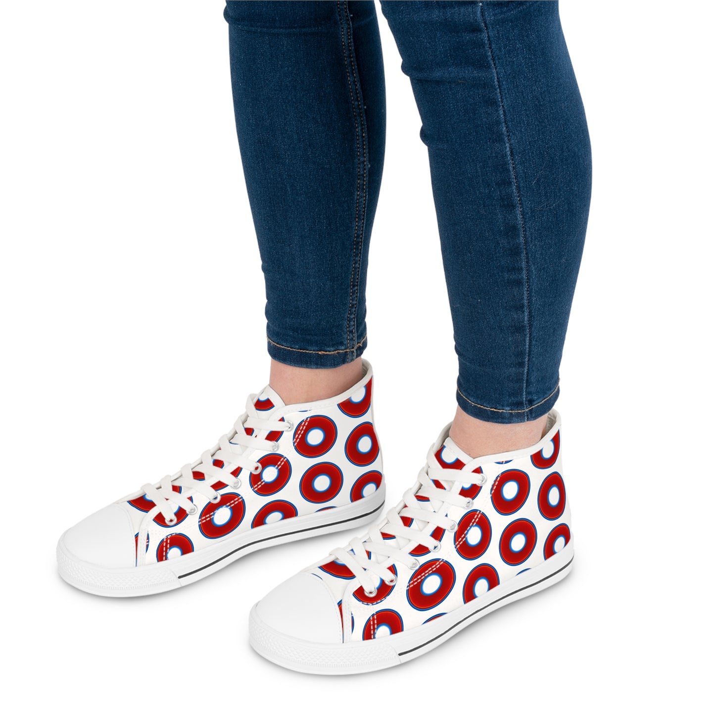 Women's High Top Chuck Taylors - large vivid red donut print w/white background
