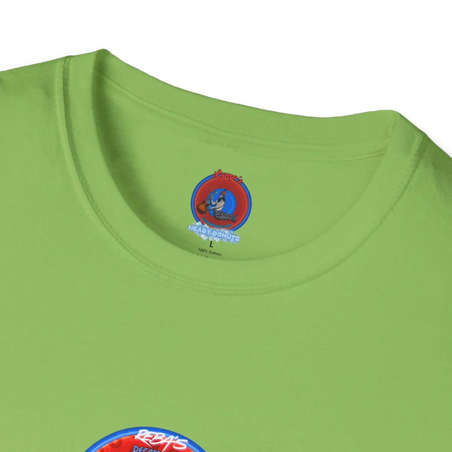 Coffee Traders Tee - Unisex Soft-Style - "Reba's Decaf: Coffee Grounds & Mud " - paradoxical donut - variant 3- front Reba/back logo