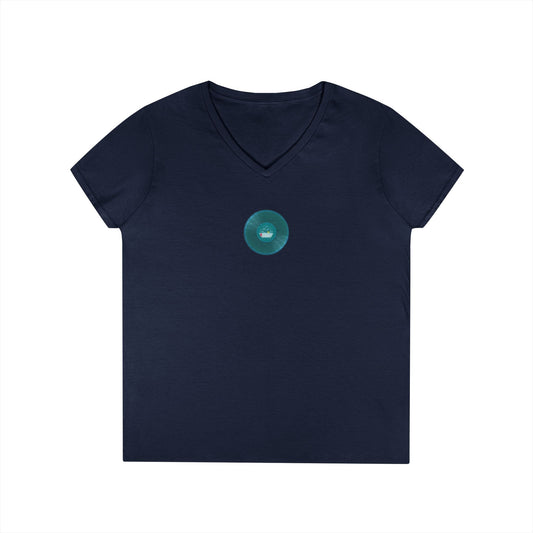 Women's Donut V-Neck Tee - "Bathtub Fun Donut" - vivid aquamarine donuts w/tub