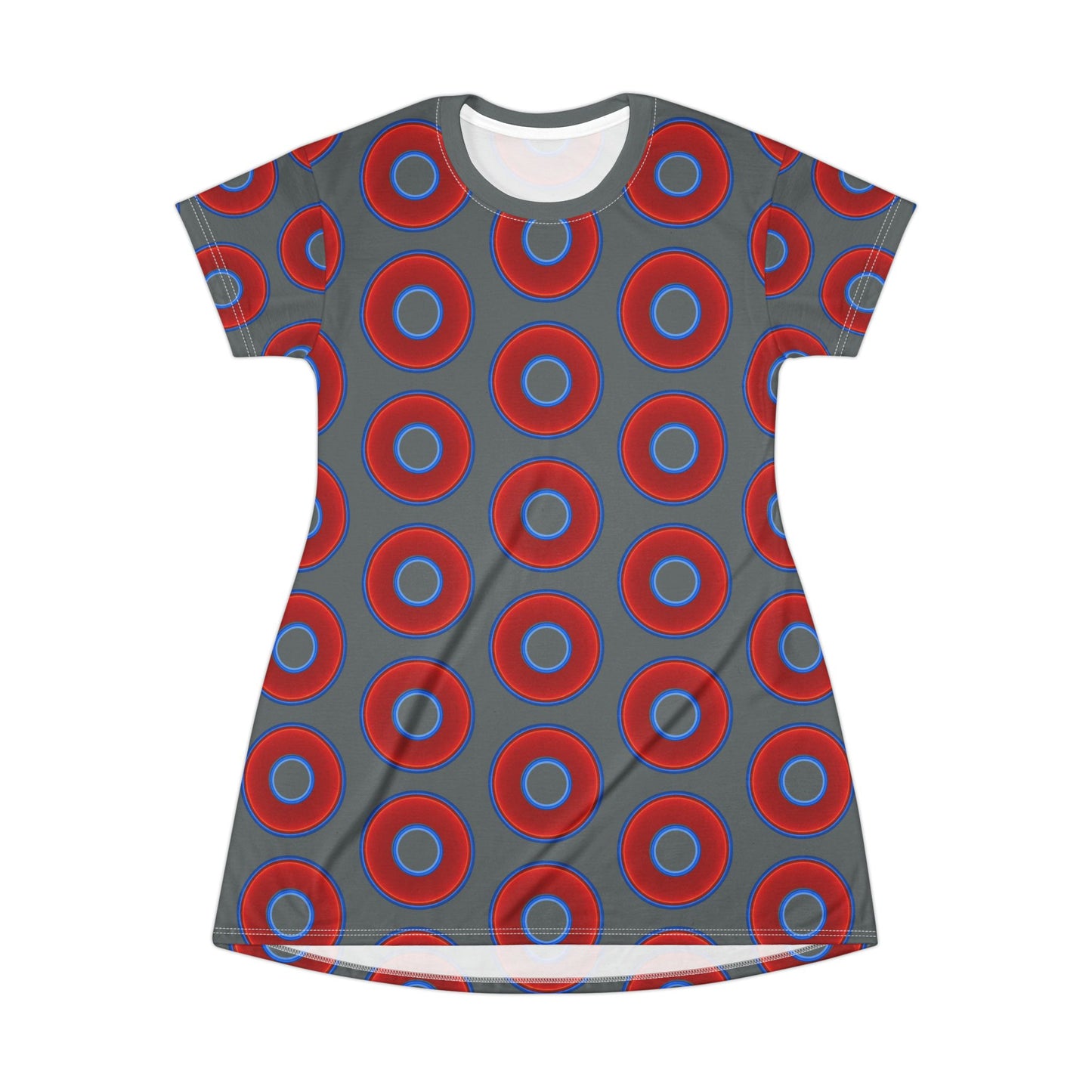 Not a Muumuu AOP Tee Shirt Dress - red vivid donuts w/dark gray background
