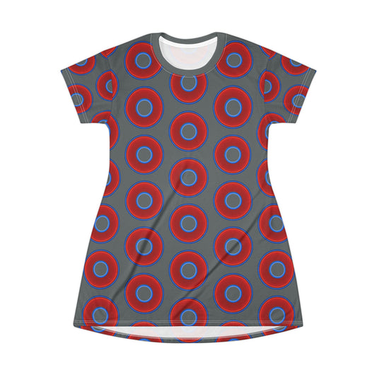 Not a Muumuu AOP Tee Shirt Dress - red vivid donuts w/dark gray background