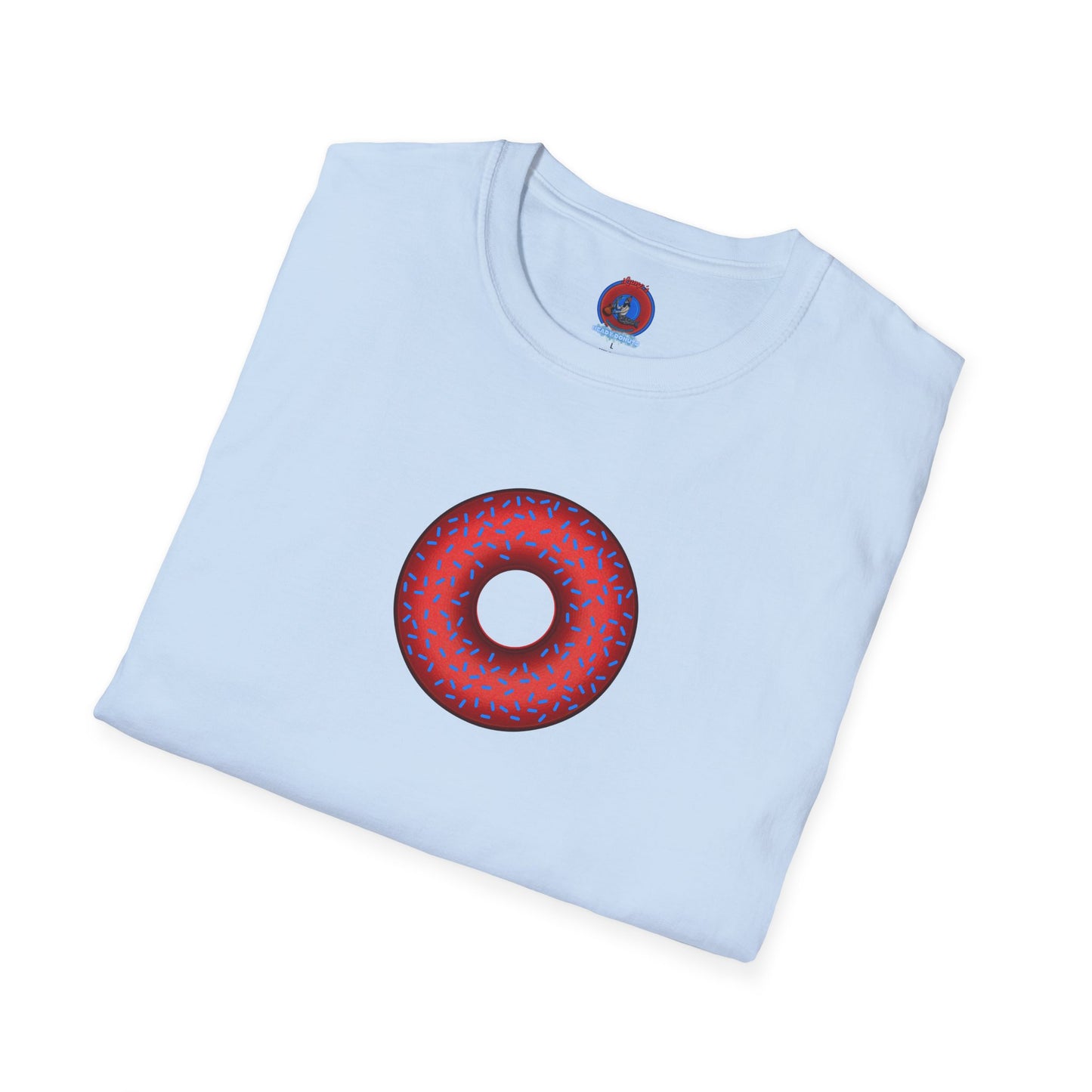 Classic Donut Tee - Unisex Soft-Style - "Plain Plump Donut w/" - plump red donut w/blue sprinkles