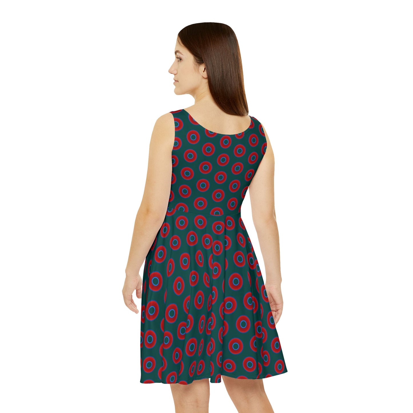 Women's Skater Donut Dress - vivid red donut print w/dark Fenway green background