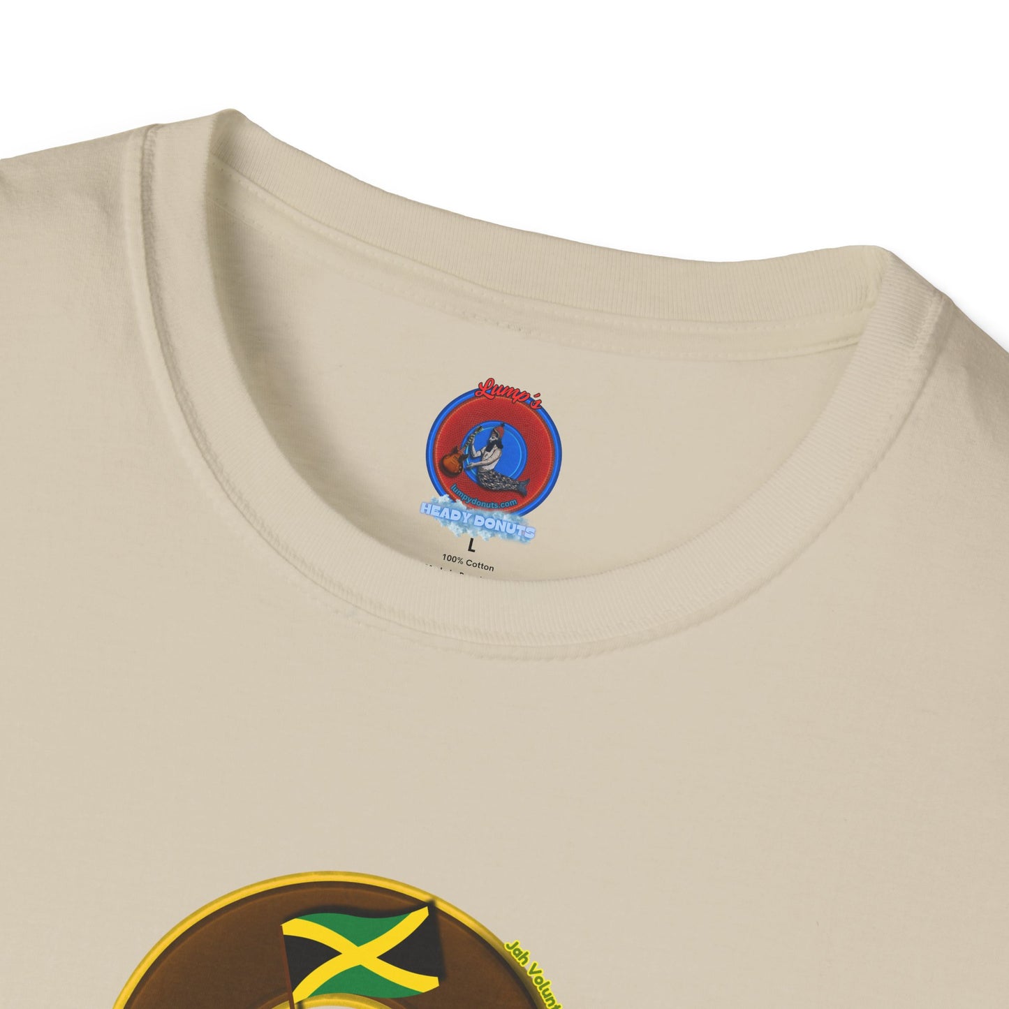 Classic Donut Tee - Unisex Soft-Style - "Jah Volunteers Protect Jah Love... and donuts!" - vivid brown/gold donut