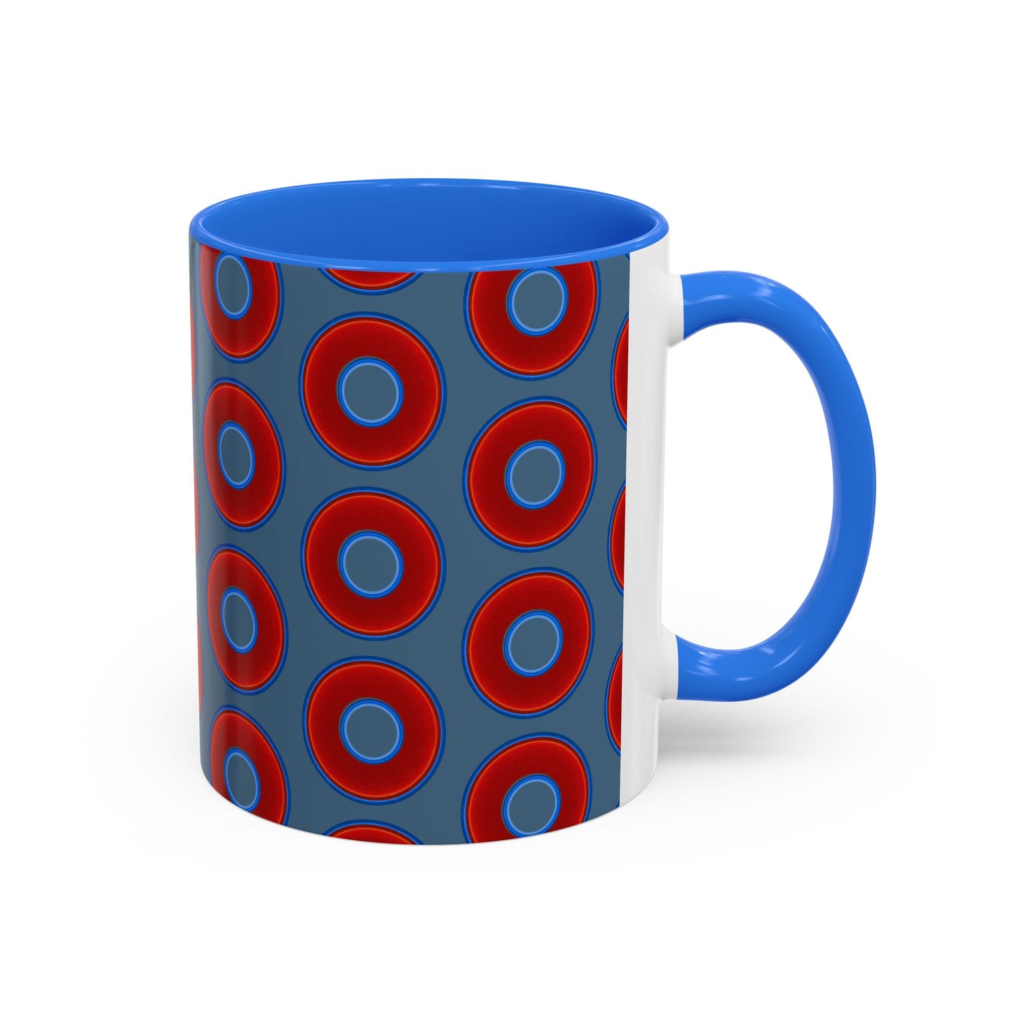Lump's Grumpy Coffee Mug - vivid red donuts w/steel blue background