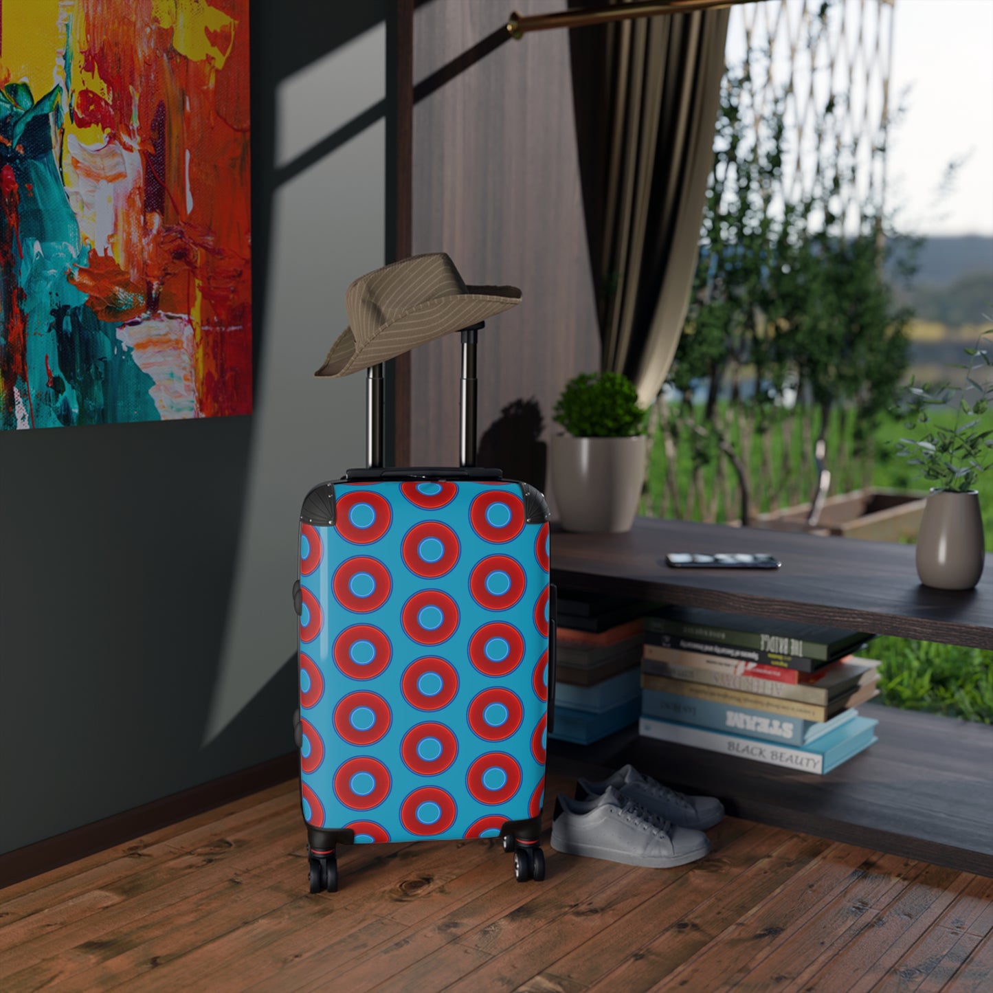 Very Lumpy Donut Suitcase series - your choice of S, M or L - vivid red donut print w/aquamarine blue background
