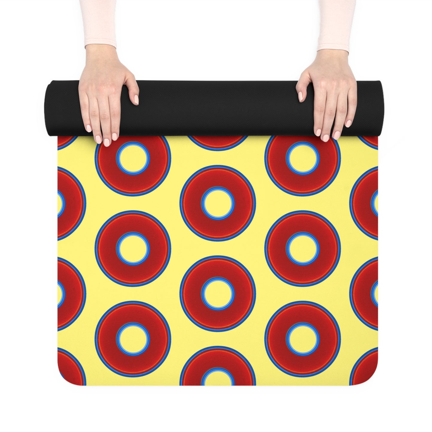 Lumpy Donut Yoga Mat :) - 24″ x 70" - vivid red donut print w/yellow background
