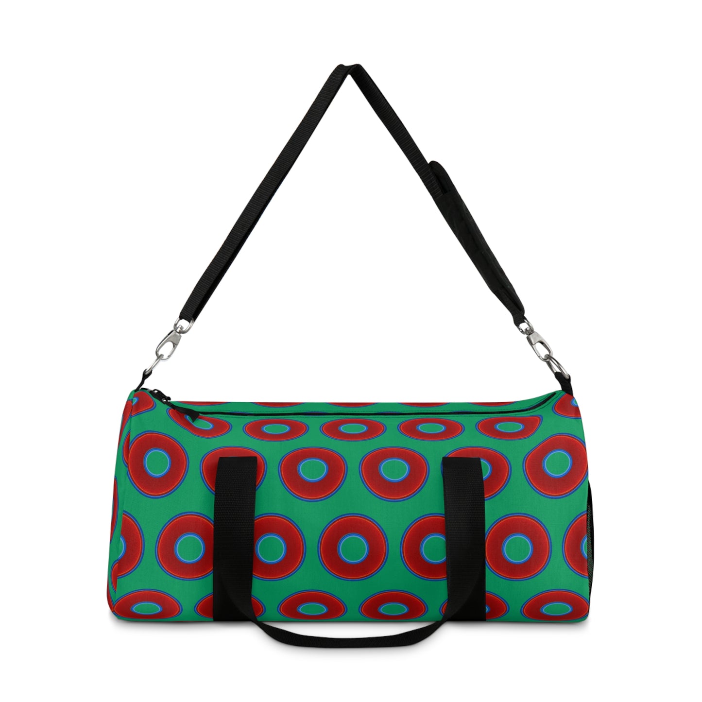 Lumpy Duffel - vivid red donuts w/jade green background