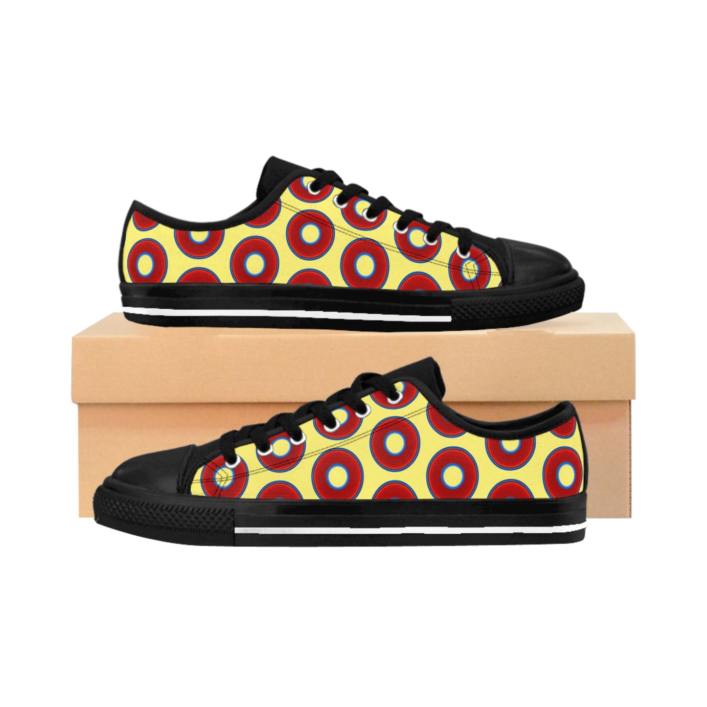 Men's Cushiony Convectors - Low Top - large red vivid donut print w/yellow background