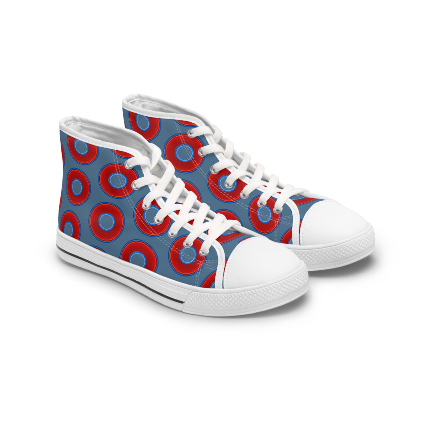 Women's High Top Chuck Taylors - large vivid red donut print w/steel blue background