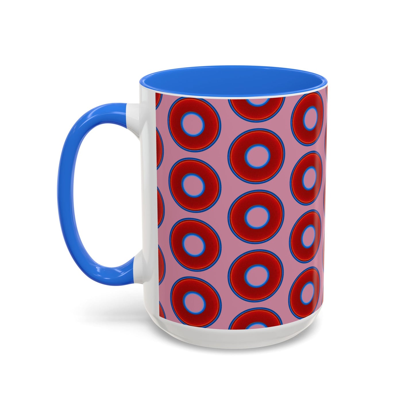 Lump's Grumpy Coffee Mug - vivid red donuts w/pink background