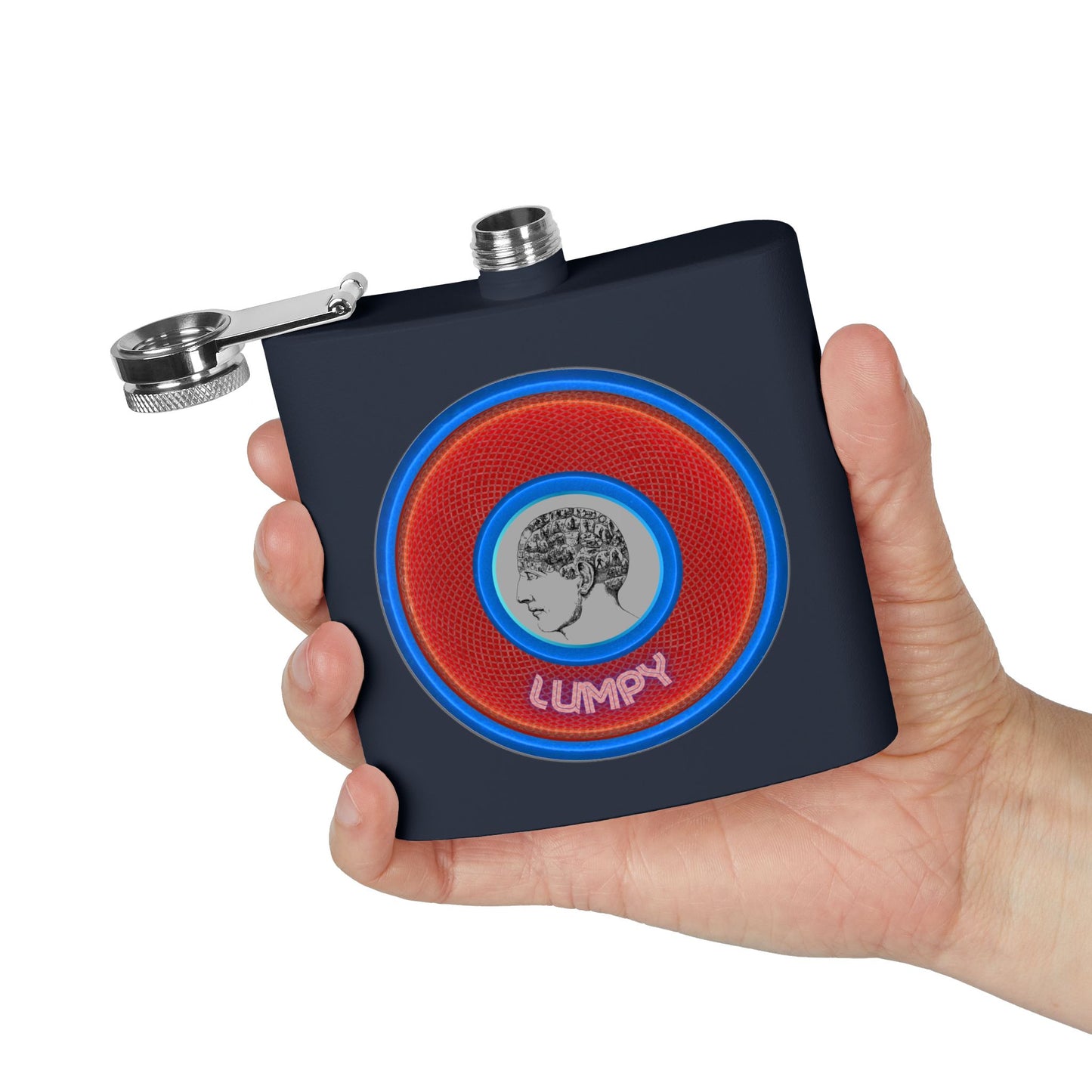 Lump's Donut Flask 6 oz -  "Our Lumpiest Flask" - red/blue rustic donut - [*w/your choice of 6 backgrounds]
