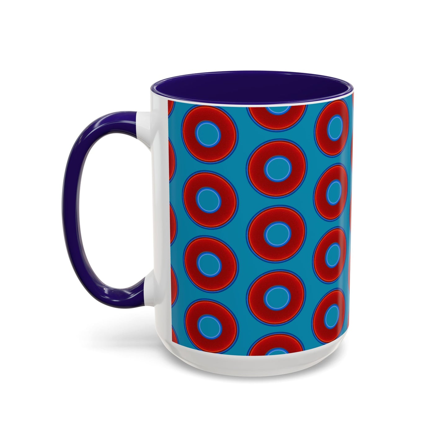 Lump's Grumpy Coffee Mug - vivid red donuts w/aquamarine blue background