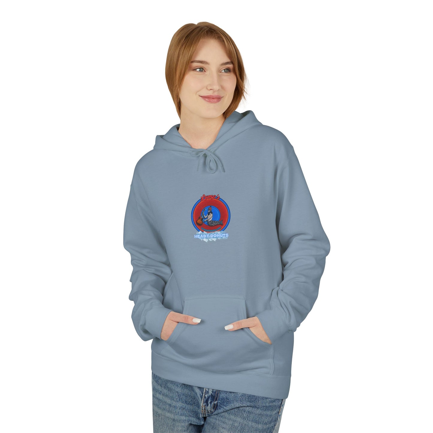 Unisex Fleece Hoodie - [Midweight Soft-style] - "Lump's Heady Logo" - w/rustic red donuts