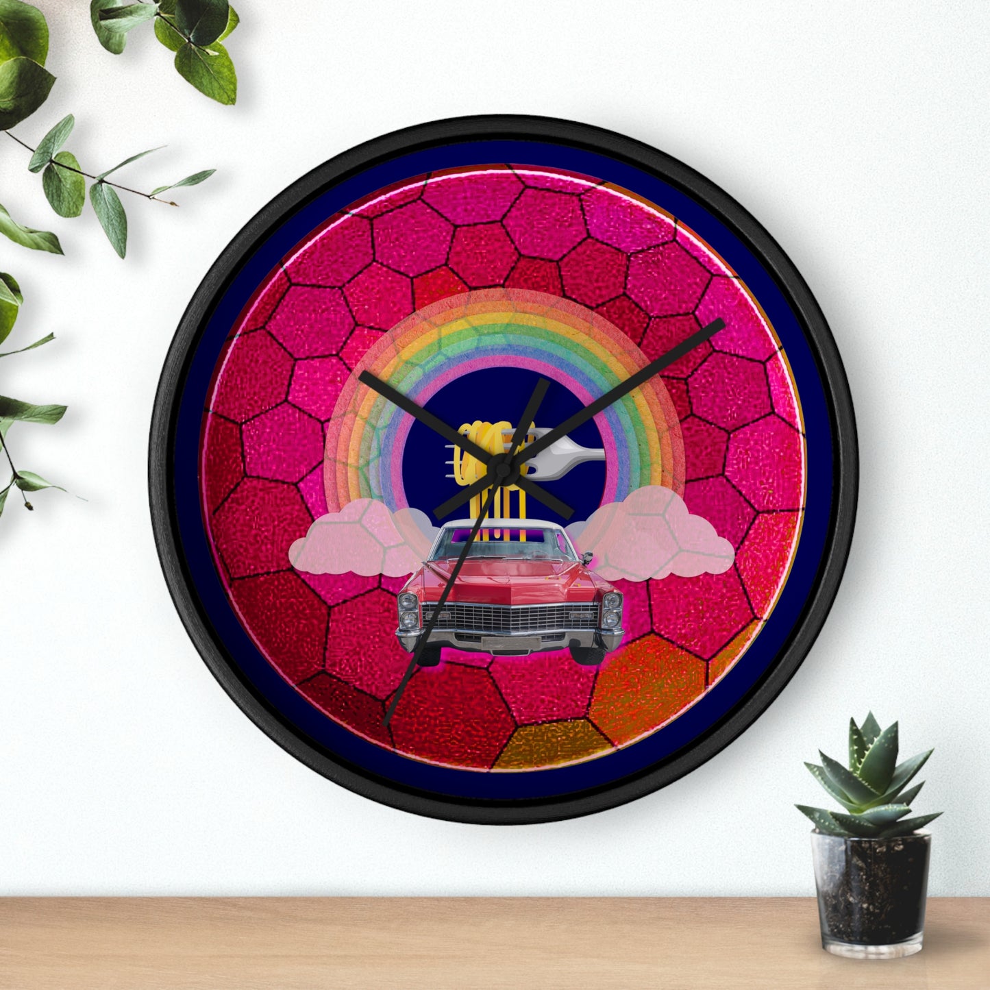 Lumpy Wall Clock - "Time for a Spaghetti Incident in my Caddy" - variant 1 - magenta hexadonut w/navy blue background