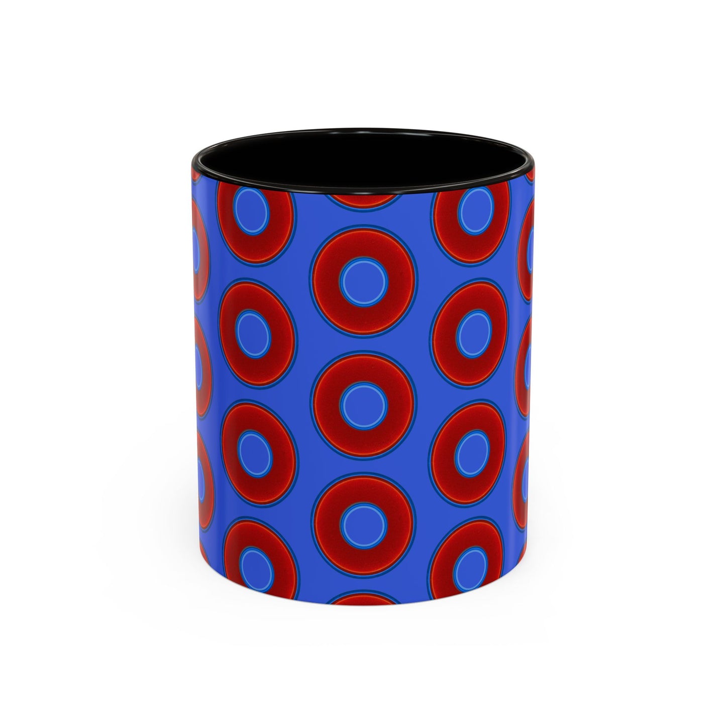 Lump's Grumpy Coffee Mug - vivid red donuts w/royal blue background