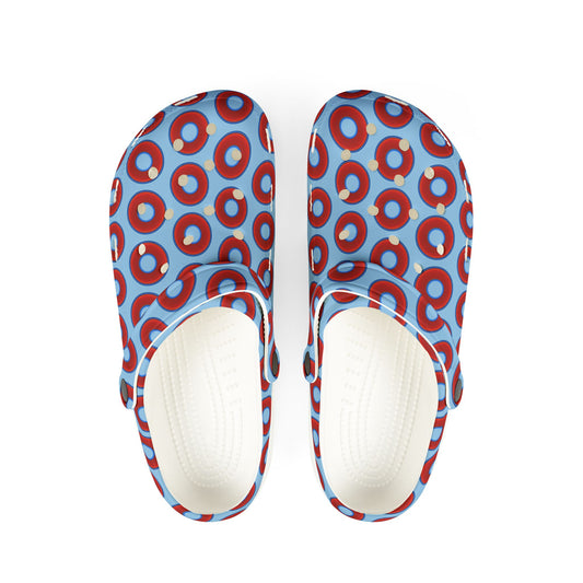Spatchcocks - donut slip-on shoes - vivid red donuts w/sky blue background [unisex]