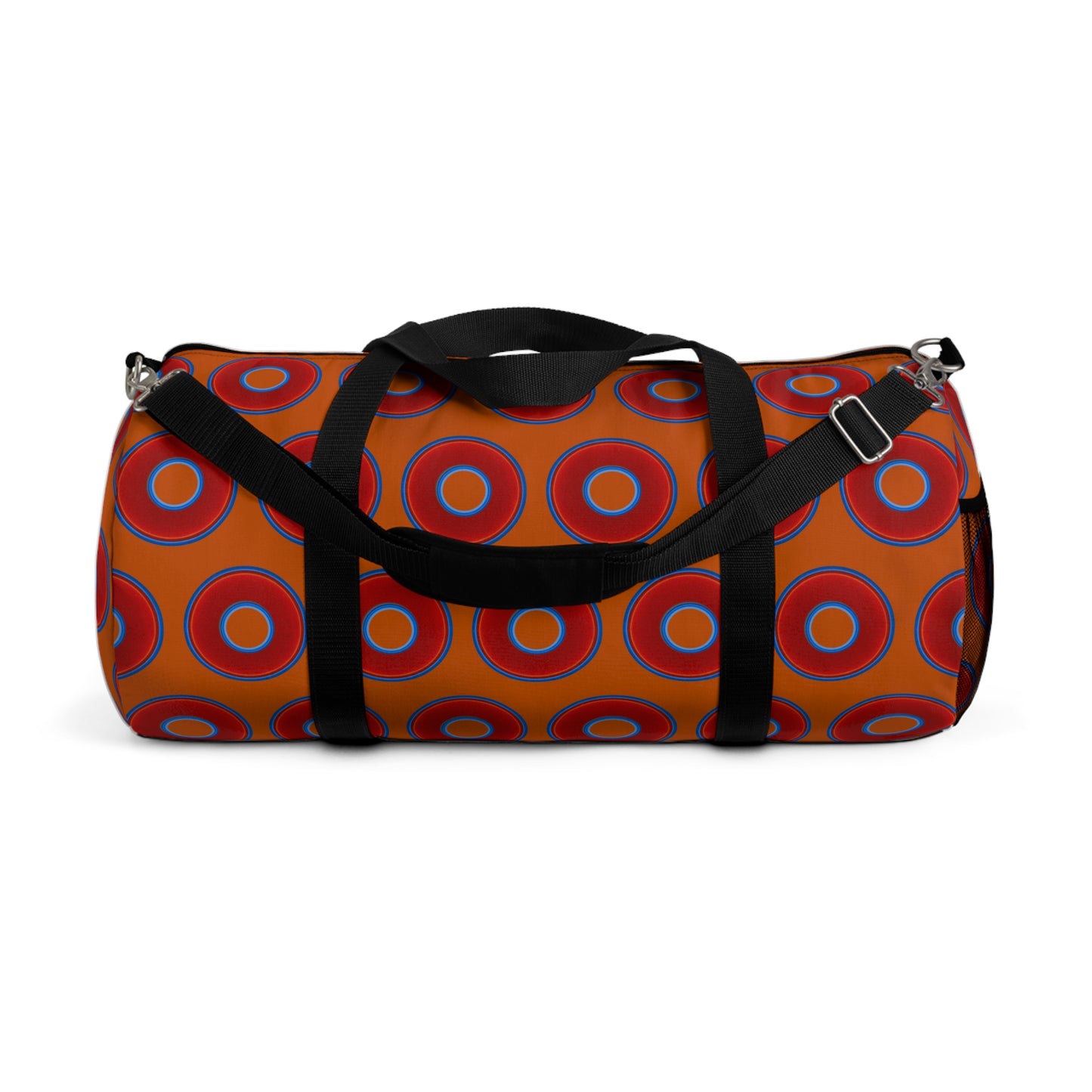 Lumpy Duffel - vivid red donuts w/dark orange background