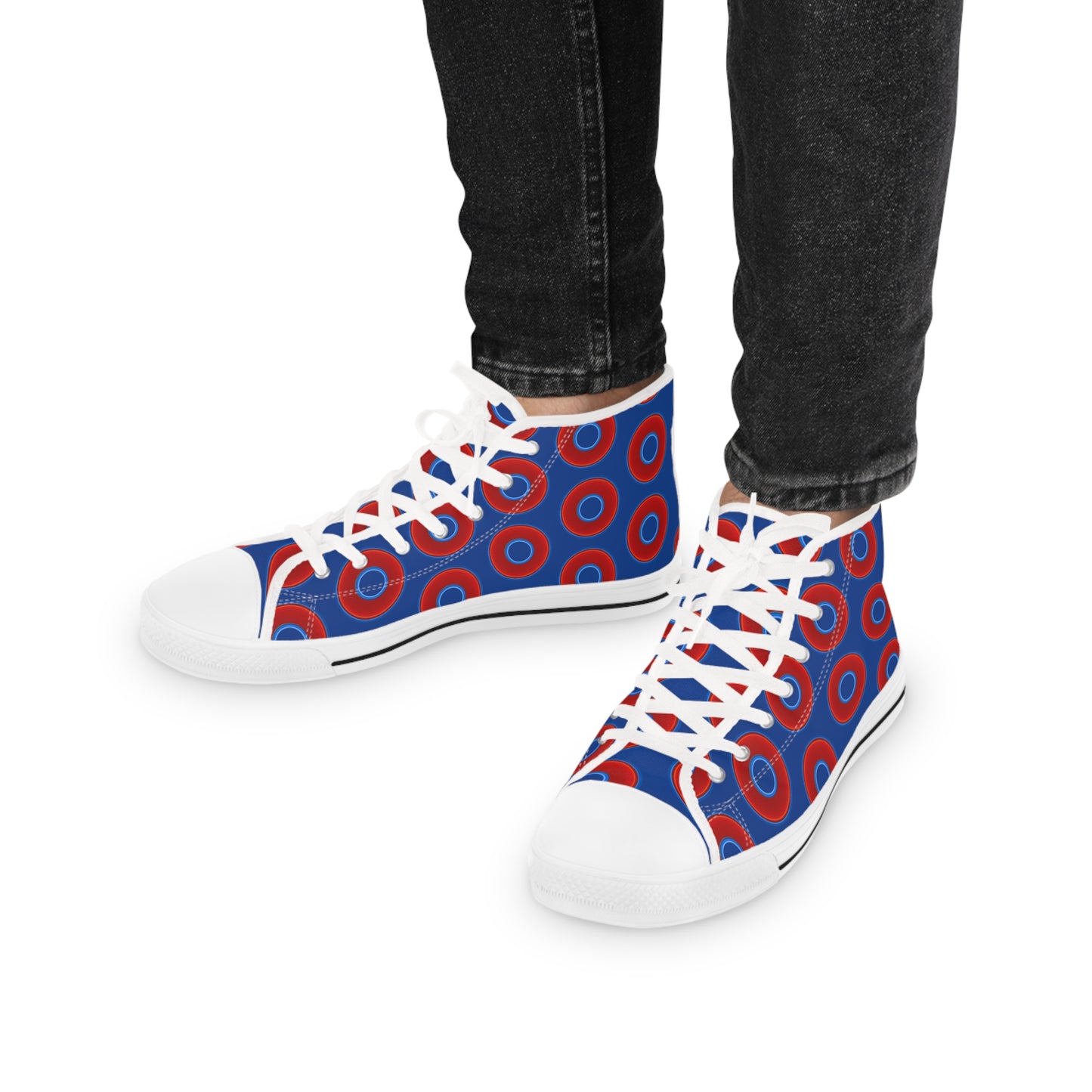 Men's High Top Chucks - large vivid red donut print w/dark blue background