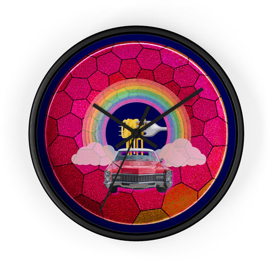 Lumpy Wall Clock - "Time for a Spaghetti Incident in my Caddy" - variant 1 - magenta hexadonut w/navy blue background