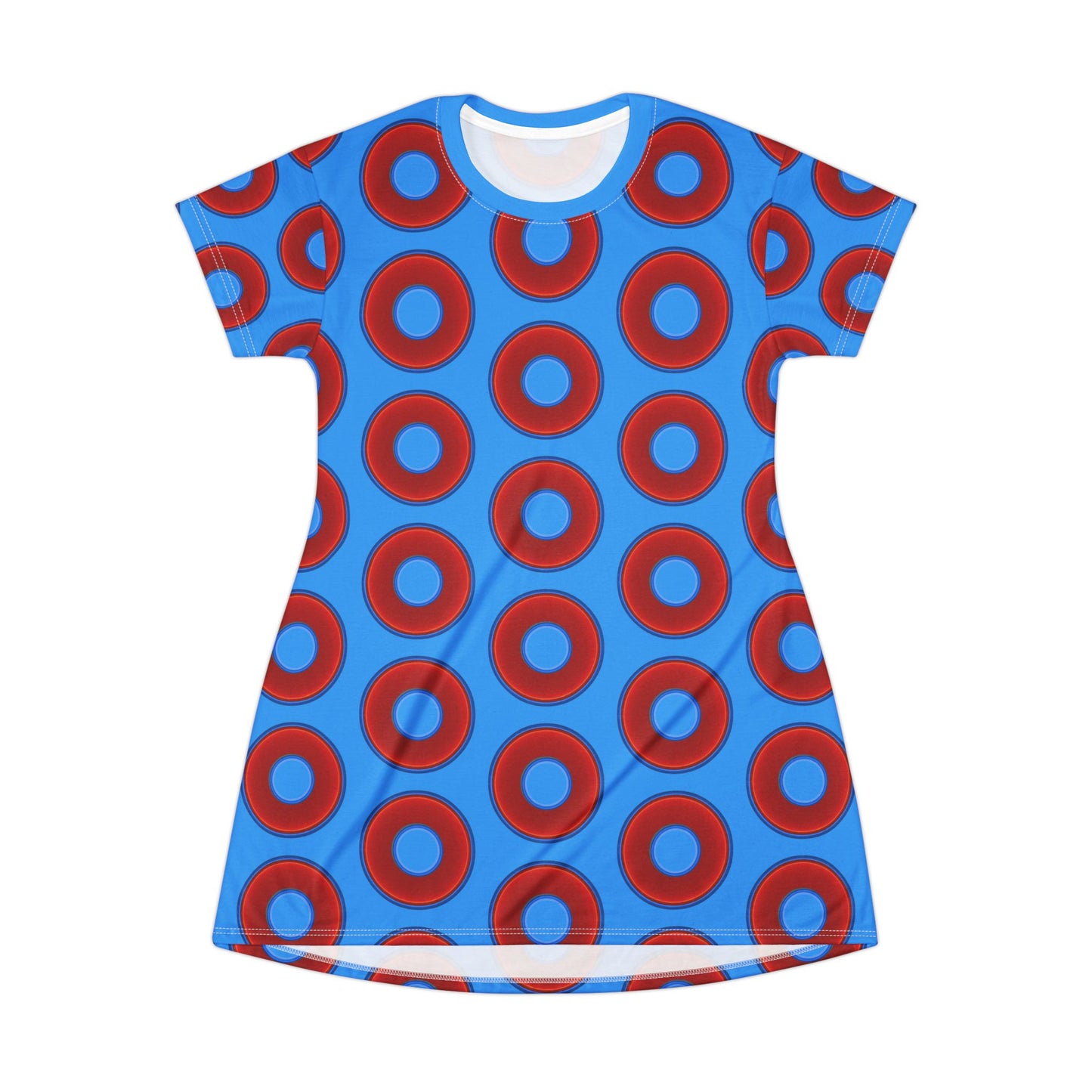 Not a Muumuu AOP Tee Shirt Dress - red vivid donuts w/sky royal blue background