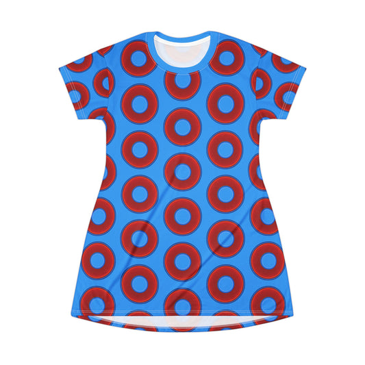Not a Muumuu AOP Tee Shirt Dress - red vivid donuts w/sky royal blue background