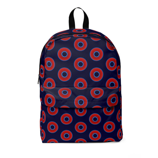Donut Backpack - red vivid donuts w/midnight blue background