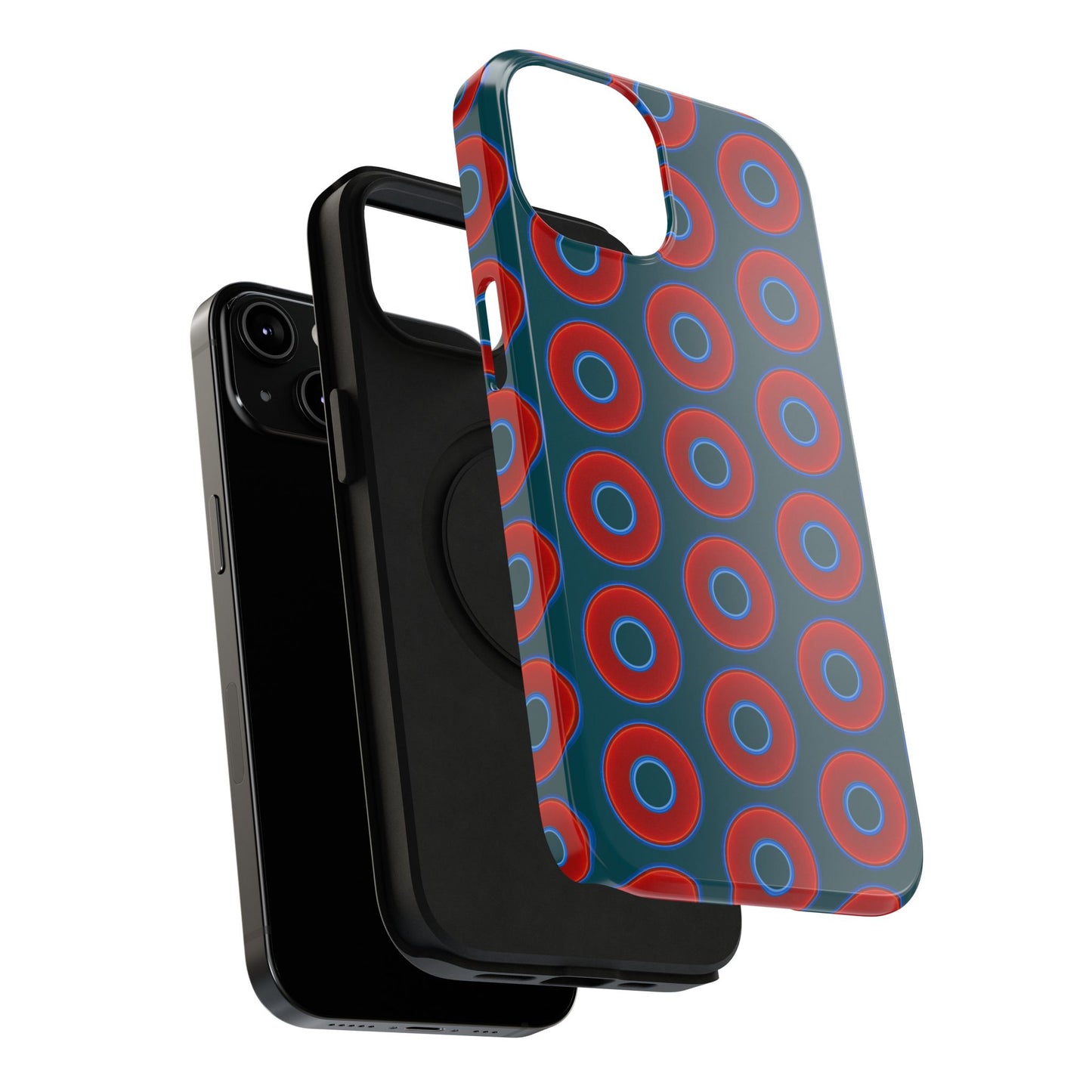 Impact-Resistant Lumpy Donut Case - red vivid donut print w/midnight green background