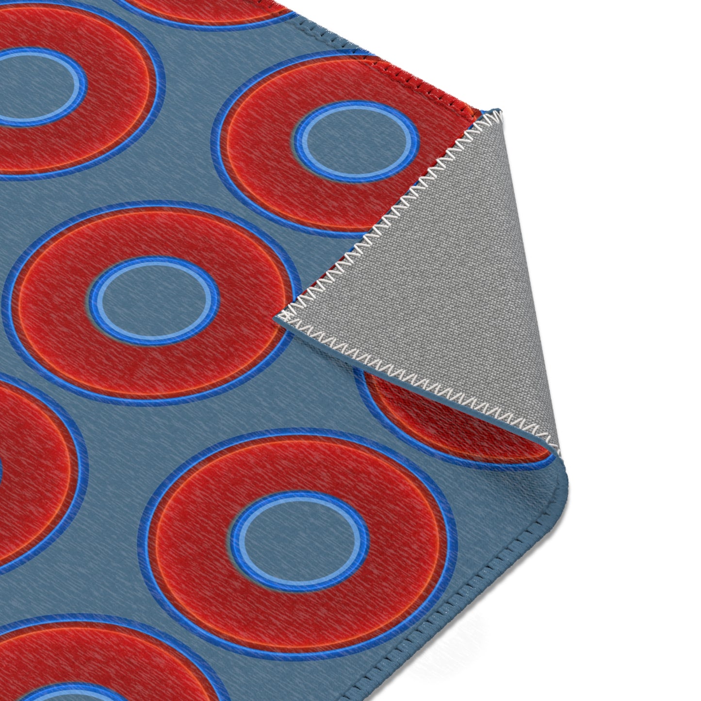 Lumpy Donut Print Rug - choice of 3 sizes - vivid red donut print w/steel blue background