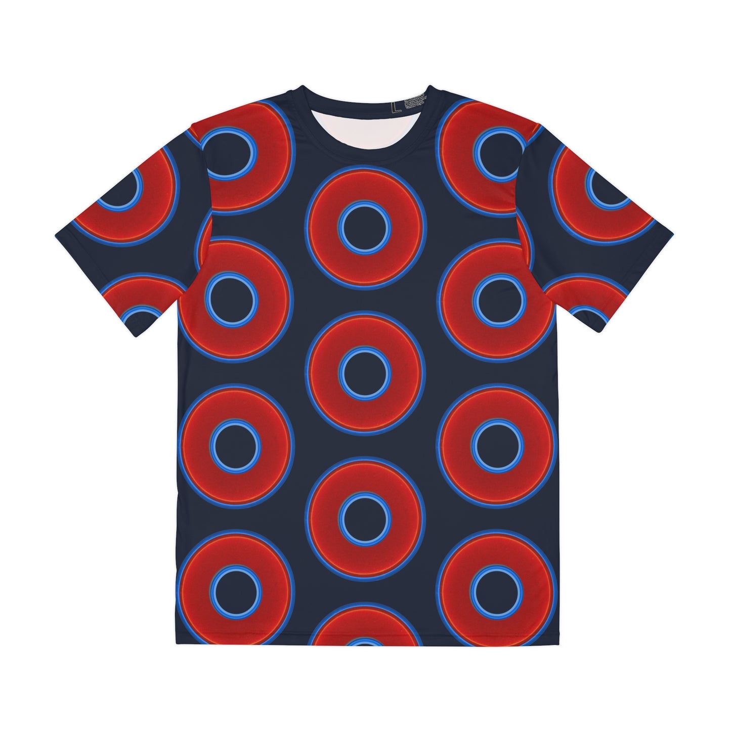 Multi-Beastie Giant Donut AOP Polyester Tee - red vivid donut print w/dark teal blue elite background