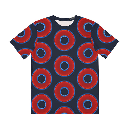 Multi-Beastie Giant Donut AOP Polyester Tee - red vivid donut print w/dark teal blue elite background